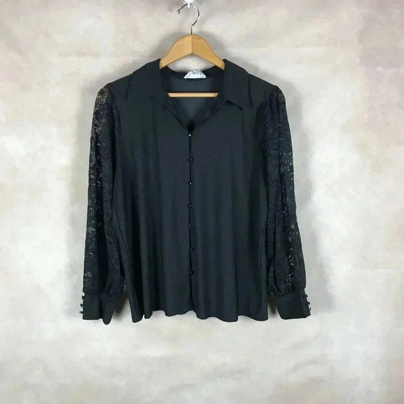RIO & RIAN Stretchy Button Front Blouse with Lace Sleeves Large - Picture 5 of 9